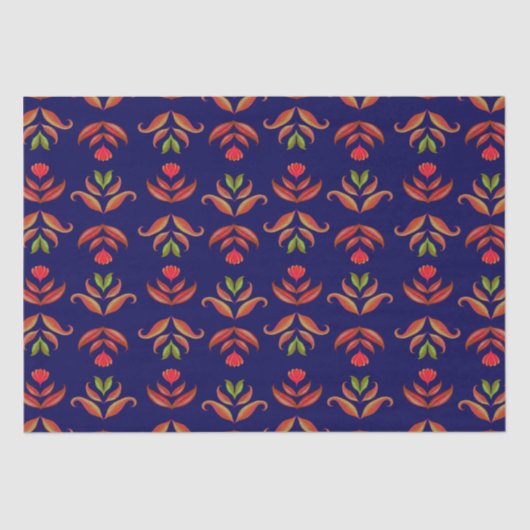 ヴィンテージ フォークアート フラワー コジー アンド ラスティック ネイビーブルー 薄葉紙 (正面)