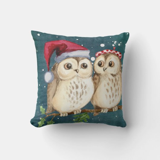 ヴィンテージ フクロウと冬のクリスマス クッション (正面)