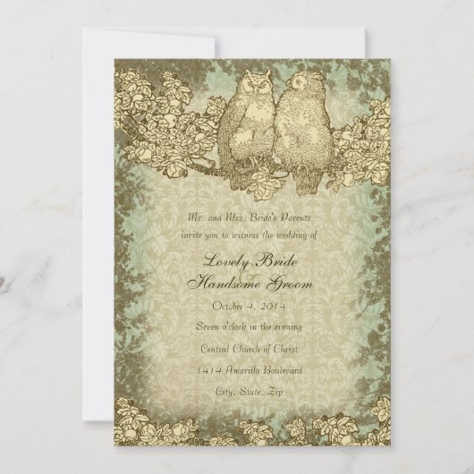 ヴィンテージ·フクロウ·ダマスク結婚式招待状 招待状 (正面)