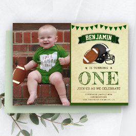 ヴィンテージ フットボール 1歳の誕生日パーティー 写真 招待状