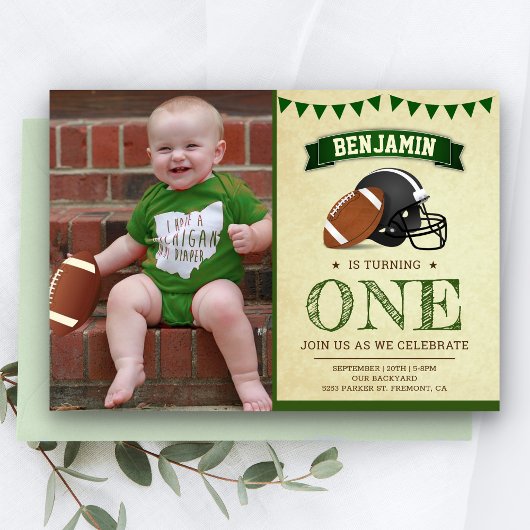 ヴィンテージ フットボール 1歳の誕生日パーティー 写真 招待状