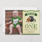 ヴィンテージ フットボール 1歳の誕生日パーティー 写真 招待状 (正面)