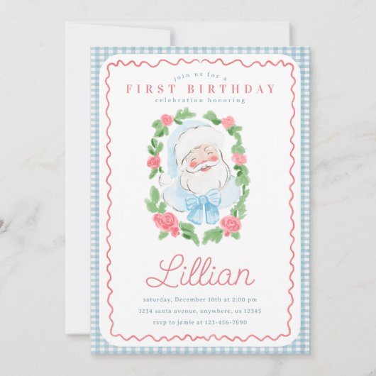 ヴィンテージ フラワーとギンガムチェックのサンタの誕生日 招待状 (正面)