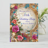 ヴィンテージ フラワーのローズ ブルー ゴールド ピンクの誕生日パーティー 招待状 (スタンド正面)