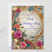ヴィンテージ フラワーのローズ ブルー ゴールド ピンクの誕生日パーティー 招待状 (正面)