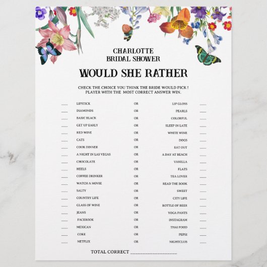 ヴィンテージ フラワーの「彼女ならどちらを選ぶ？」 ブライダルシャワーゲーム チラシ (正面)