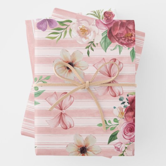 ヴィンテージ フラワール コケッテ ボウ ピンクと赤の花 ラッピングペーパーシート (インサイチュ)