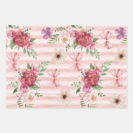 ヴィンテージ フラワール コケッテ ボウ ピンクと赤の花 ラッピングペーパーシート