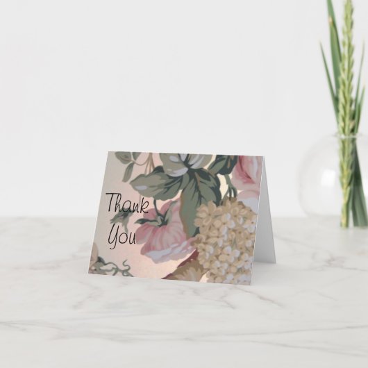 ヴィンテージ フラワール、ピンクのバラ 白いライラック サンキューカード (正面)