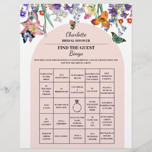 ヴィンテージ フラワール 見つけて ゲスト ブライダル シャワー ビンゴ チラシ (正面)