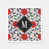 ヴィンテージ フラワーレッド ポピー パターン モノグラム スタンダードカクテルナプキン (正面)