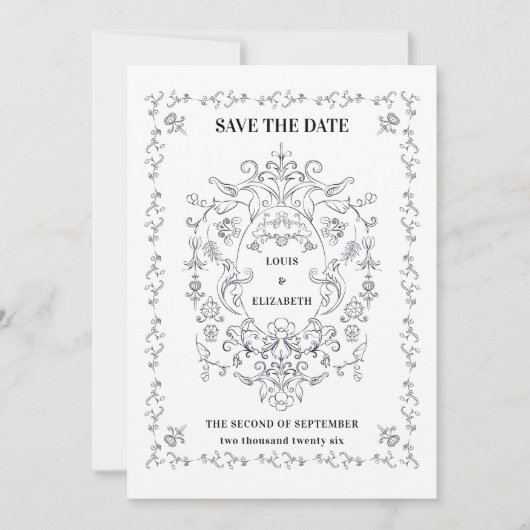 ヴィンテージ フラワーレースのクラシカルな装飾枠の「Save the Date」 招待状 (正面)