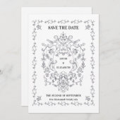 ヴィンテージ フラワーレースのクラシカルな装飾枠の「Save the Date」 招待状 (正面/裏面)