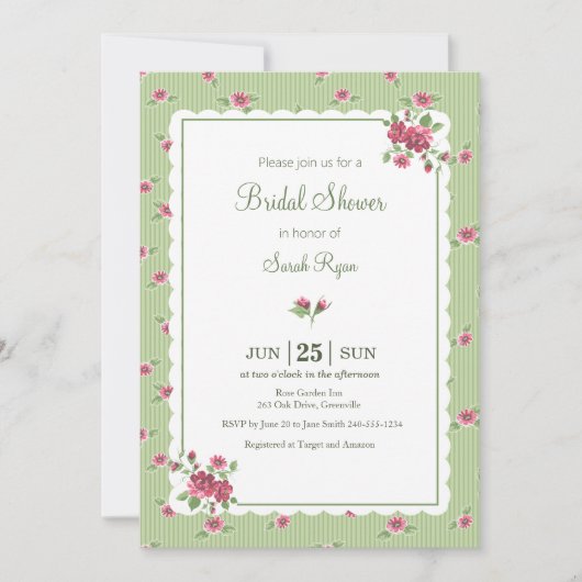 ヴィンテージ フラワーローズ ピンク グリーン ストライプ オーダーメイド 招待状 (正面)