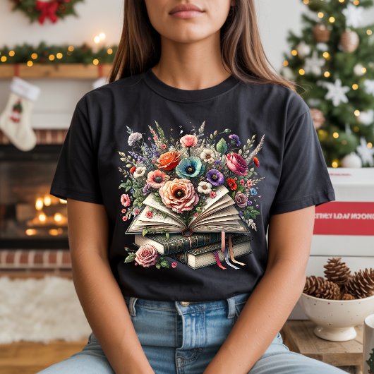 ヴィンテージ フラワー本の山 イラストTシャツ Tシャツ