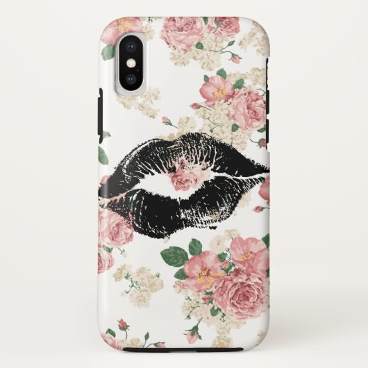 ヴィンテージ フラワー柄 ブラック リップキス Case-Mate iPhoneケース (裏面)