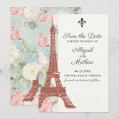 ヴィンテージ フラワー エッフェルタワー パリ ブルー ウェディング セーブザデート (正面/裏面)
