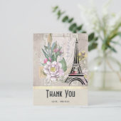 ヴィンテージ フラワー、エッフェル塔と麻の布 ありがとう ポストカード (スタンド正面)