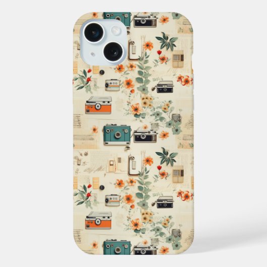 ヴィンテージ フラワー & カメラ パターン (6) iPhoneケース (裏面)