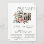 ヴィンテージ フラワー カメラ 誕生日パーティー 招待状 (正面/裏面)