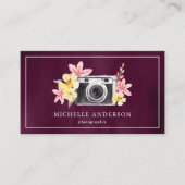 ヴィンテージ フラワー カメラ QR コード フォトグラファー パープル 名刺 (正面)