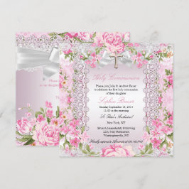 ヴィンテージ フラワー クロス ファースト コミュニオン ピンク B 招待状