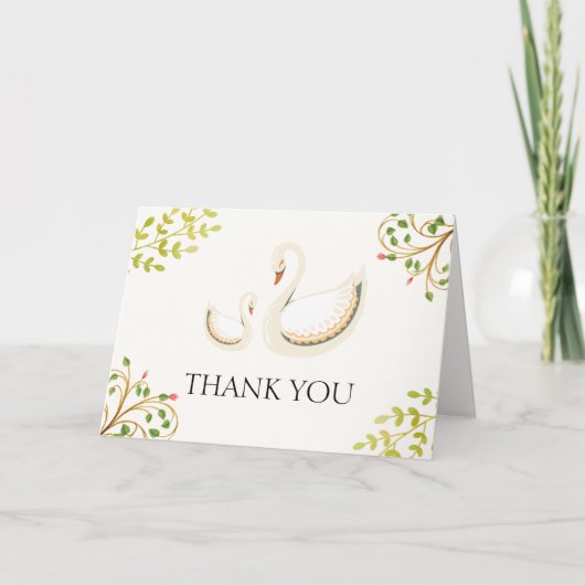 ヴィンテージ フラワー グリーン スワン ベイビー シャワー サンキューカード (正面)