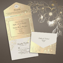 ヴィンテージ フラワー ゴールド ウェディング オールインワン招待状