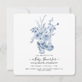 ヴィンテージ フラワー スクエア ブルー ホワイト ベビー ガール シャワー 招待状 (正面)