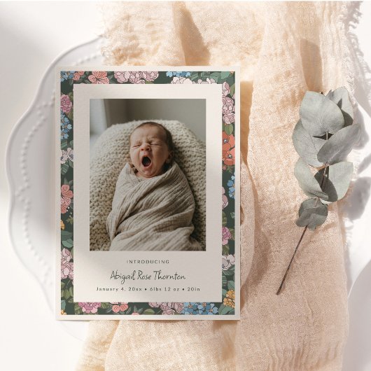 ヴィンテージ フラワー セージグリーン 新生児 写真 赤ちゃん 誕生 案内状