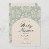 ヴィンテージ フラワー ダマスク ベイビー シャワー サイアン ベージュ 招待状 (正面/裏面)