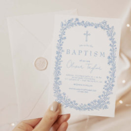 ヴィンテージ フラワー トワール ライトブルー 洗礼 招待状
