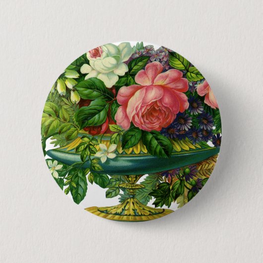 ヴィンテージ フラワー ピンクのバラ、花瓶の花 缶バッジ (正面)
