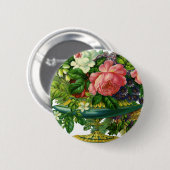 ヴィンテージ フラワー ピンクのバラ、花瓶の花 缶バッジ (正面&裏面)