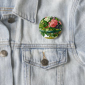 ヴィンテージ フラワー ピンクのバラ、花瓶の花 缶バッジ (インサイチュ)