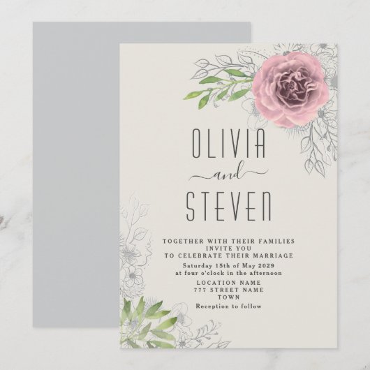 ヴィンテージ フラワー ピンク ウェディング インビテーション (正面/裏面)