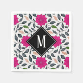 ヴィンテージ フラワー ピンク ポピー パターン モノグラム スタンダードカクテルナプキン (正面)