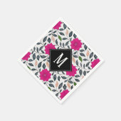 ヴィンテージ フラワー ピンク ポピー パターン モノグラム スタンダードカクテルナプキン (角)