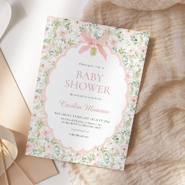 ヴィンテージ フラワー ピンク リボン 女の子 ベイビー シャワー 招待状