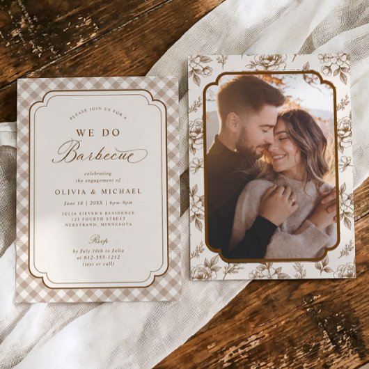 ヴィンテージ フラワー ブラウン BBQ フォト 婚約パーティー 招待状