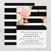 ヴィンテージ フラワー ブラック ホワイト ストライプ  ブライダル シャワー 招待状 (正面/裏面)