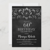 ヴィンテージ フラワー ブラック 60歳の誕生日パーティー 招待状 (正面)