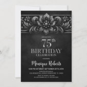 ヴィンテージ フラワー ブラック 75歳の誕生日パーティー 招待状 (正面)