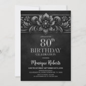 ヴィンテージ フラワー ブラック 80歳の誕生日パーティー 招待状 (正面)