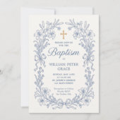 ヴィンテージ フラワー ブルー 洗礼招待状セット 招待状 (正面)