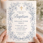 ヴィンテージ フラワー ブルー 洗礼招待状セット 招待状