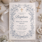 ヴィンテージ フラワー ブルー 洗礼招待状セット 招待状