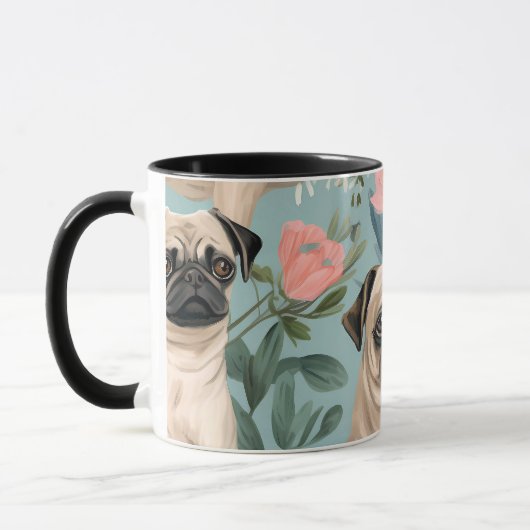 ヴィンテージ フラワー プグ パターン かわいい 植物 犬 マグカップ (左)