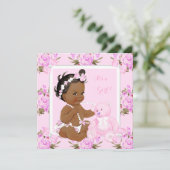 ヴィンテージ フラワー ベイビー シャワー ガール ピンク ベア エスニック 招待状 (スタンド正面)