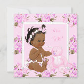 ヴィンテージ フラワー ベイビー シャワー ガール ピンク ベア エスニック 招待状 (正面)